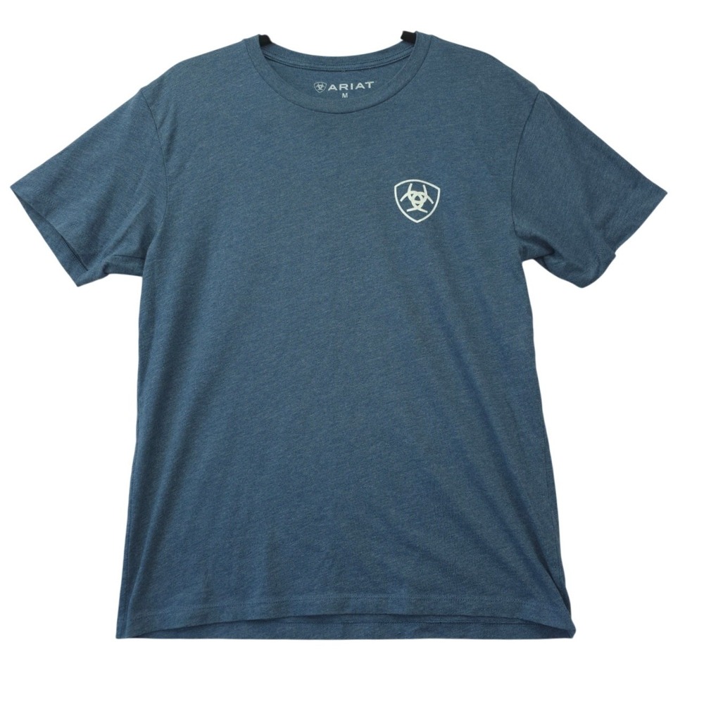 Ariat Mens Heather Blue Short Sleeve Graphic Logo T-Shirt Size Med Rodeo Rugged